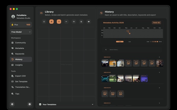 fotometa macOS history interface