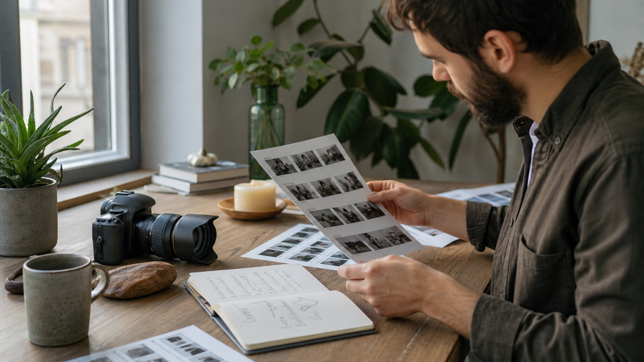 A creator reviewing printed contact sheets at a desk in natural light