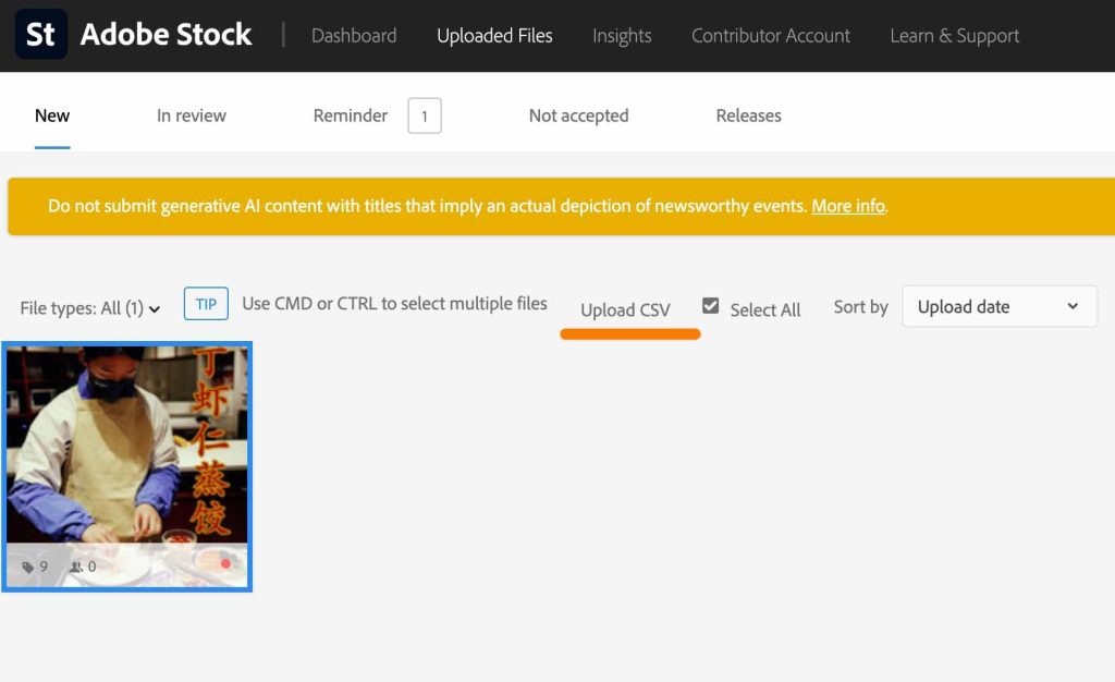 Adobe Stock contributor uploaded files page showing Upload CSV