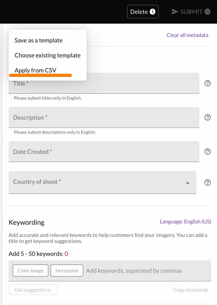 Getty Images contributor editor showing Apply from CSV in the template menu